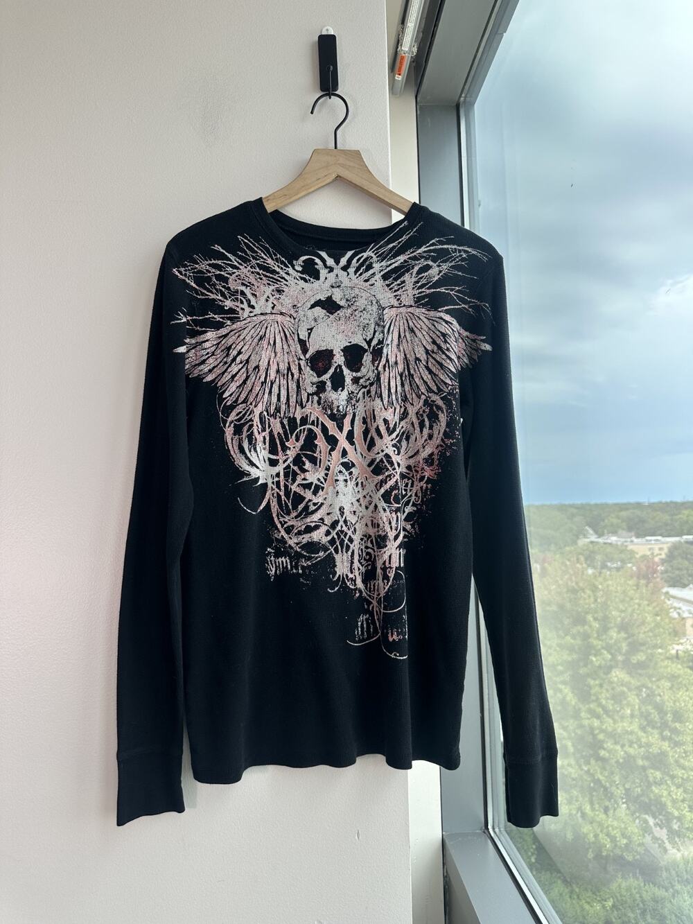 XtremeCouture Skull Wings Y2K Grunge Tattoo Style Long Sleeve Cotton Shirt M